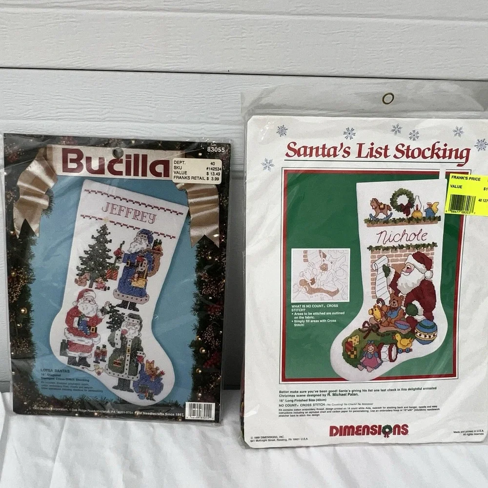 2 Cross Stitch Christmas Stocking Kits Bucilla 83055 Santa Dimensions 8381 NOS